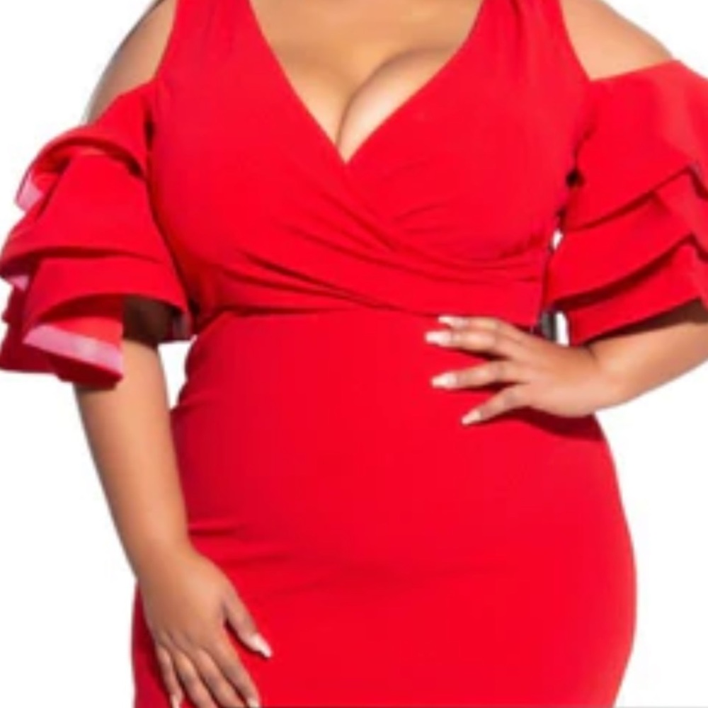 Plus Size Faux Wrap Cold Shoulder Ruffle BodyCon Dress In Red